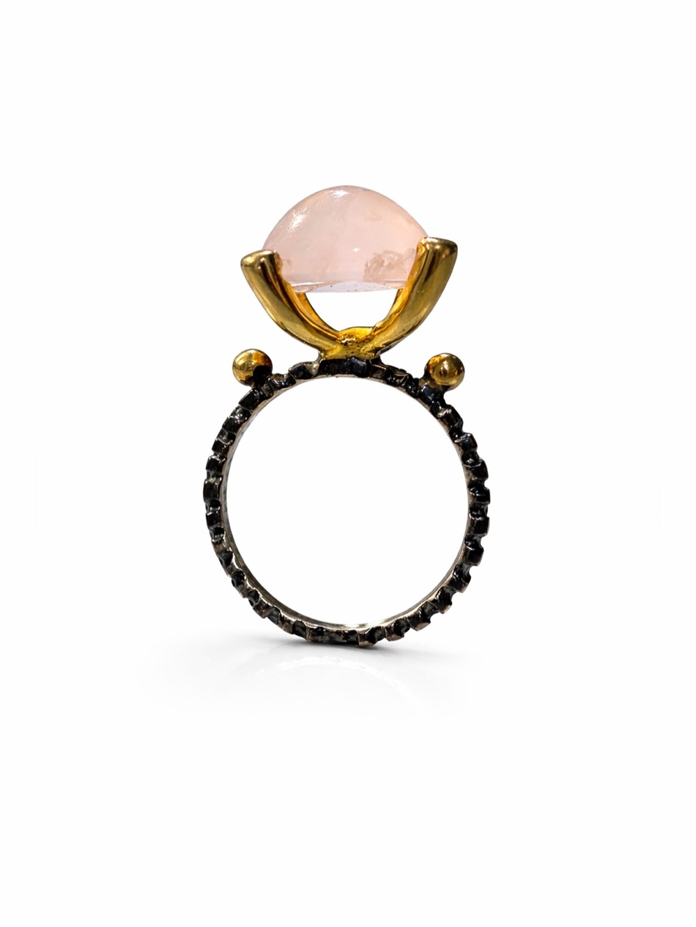 Handcrafted Greek Artisan Rose Quartz Cocktail Ring – 14K Gold